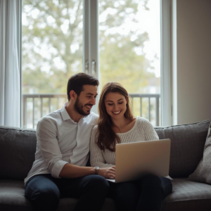 Engaged couple using hotelplanner.com to plan wedding guest hotel accommodations for their wedding