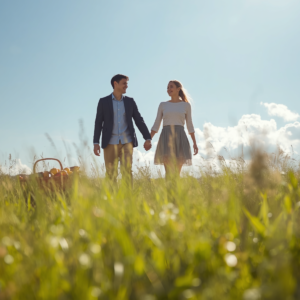 Couple visiting neighborhoods in Ann Arbor enjoy a walk through a local park