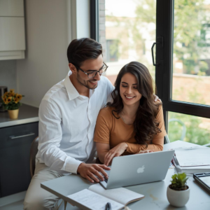 Bride and groom planning their wedding using a free wedding website and Wedding Guest RSVP system near Ann Arbor Michigan